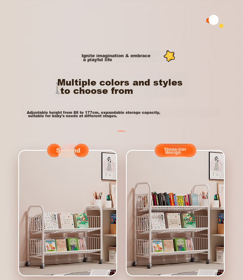 Milin Bookshelf Picture Book Rack Toy Storage Shelf Multi-layer Floor-standing Storage Rack Four Layers with Wheels 16