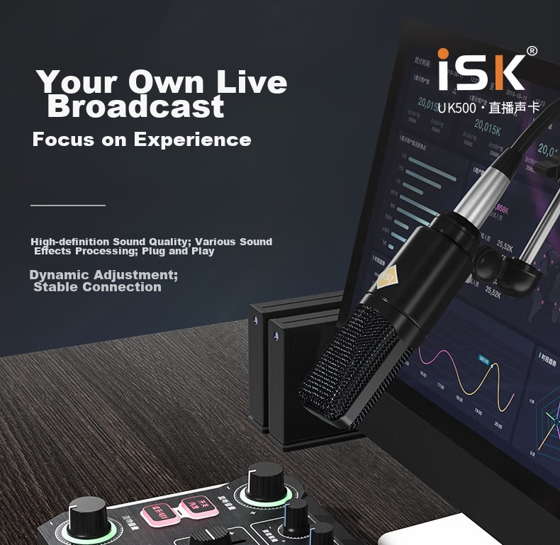 ISK UK500 Live Streaming Sound Card with Built-In 48V Power Supply, Compatible with Mobile Phones, Computers, Speakers, Internet Celebrities, Live Streaming, Douyin, Karaoke, And Recording Sound Cards, Plug And Play, Includes Universal OTG Cable 1