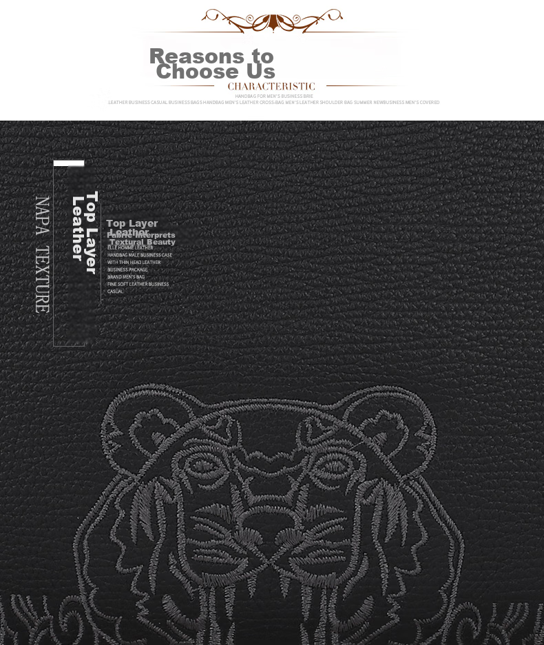 ELLE HOMME Business Boutique Same Style Clutch Bag, Men's Top-Grain Leather Handbag, Tiger Head Embroidery Large Capacity Casual Handbag Envelope Bag EB058701401 Black, Birthday Gift for Boyfriend 6
