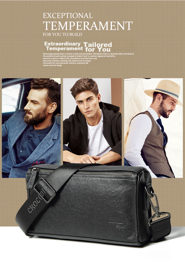 CROCODILE Men's Handbag, Top-Grain Leather Messenger Bag, Trendy Retro Horizontal Crossbody Bag, Birthday Gift for Boyfriend, 1363 2