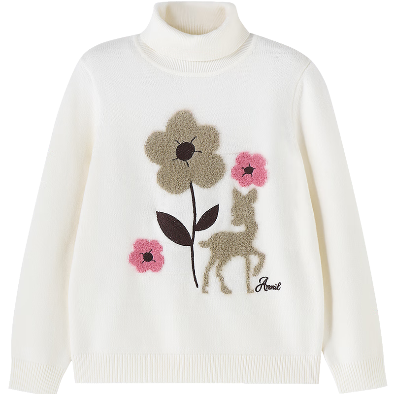 Annil Kids Girls High Collar Long Sleeve Knit Sweater 2025 Winter New Milk Candy White 150