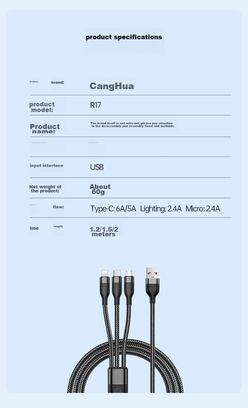 CangHua Three-In Charging Cable, 2 Meters, 6A Fast Charge 100W, Multi-Head 88W, Compatible with Apple Type-C, Android IPhone 18/17/16, Huawei, Xiaomi Phones 12