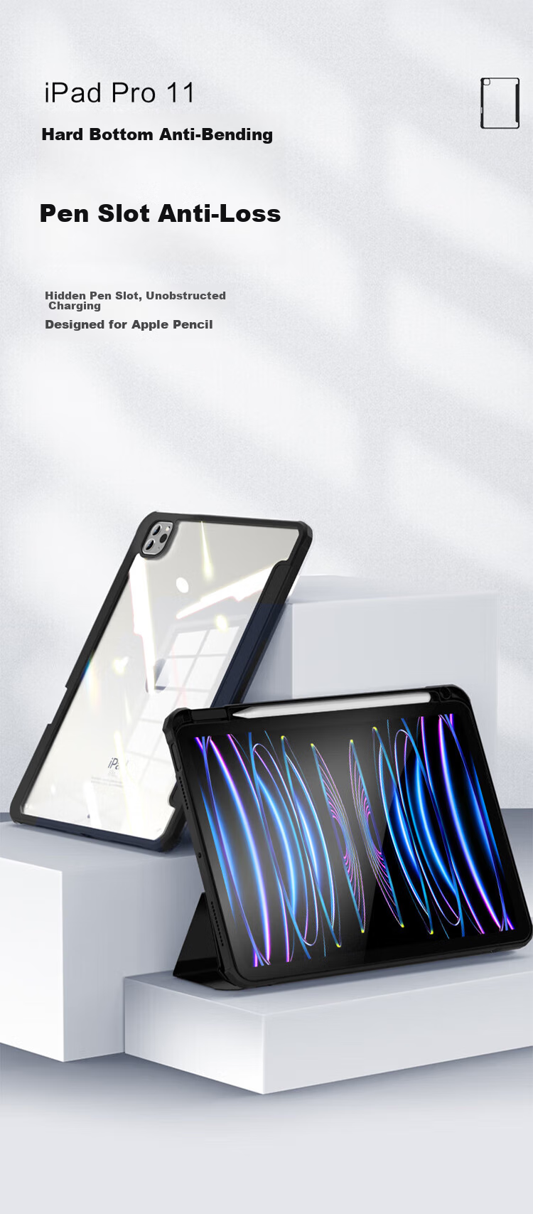 JD Original IPad Pro 11-Inch Case, Compatible with 2022/2021/2020 Models, Transparent with Pencil Holder, Magnetic, Full Protection for Apple Tablet, Anti-Bend And Shockproof, Black 2