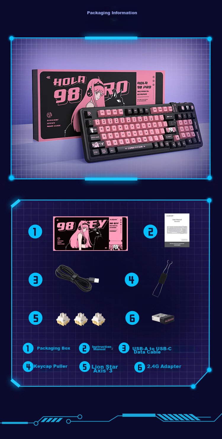 AUSDOM 98Pro Five-Sided Hot Melt Mechanical Keyboard, Gaming E-Sports Three-Mode Bluetooth Wireless Office Customizable Full-Key Anti-Ghosting High-Aesthetic Gift Keyboard 98 Keys - Meow Sound Party 13