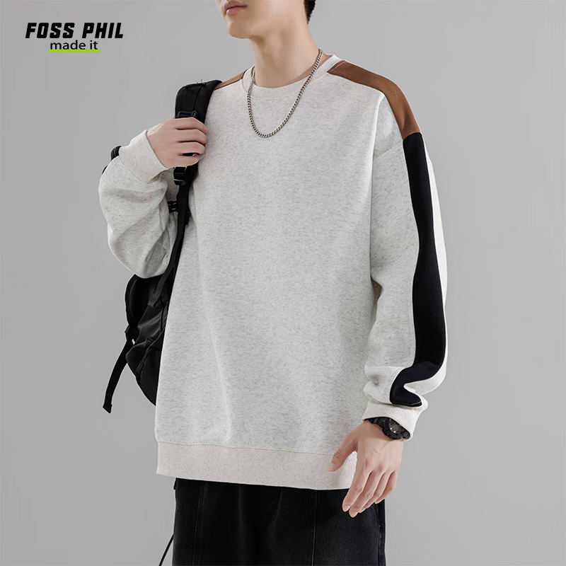 Foss Phil Crew Neck Sweatshirt for Men, Spring And Autumn Loose Casual Patchwork Color-Block Trendy T-Shirt Top 8883 Floral White Gray M