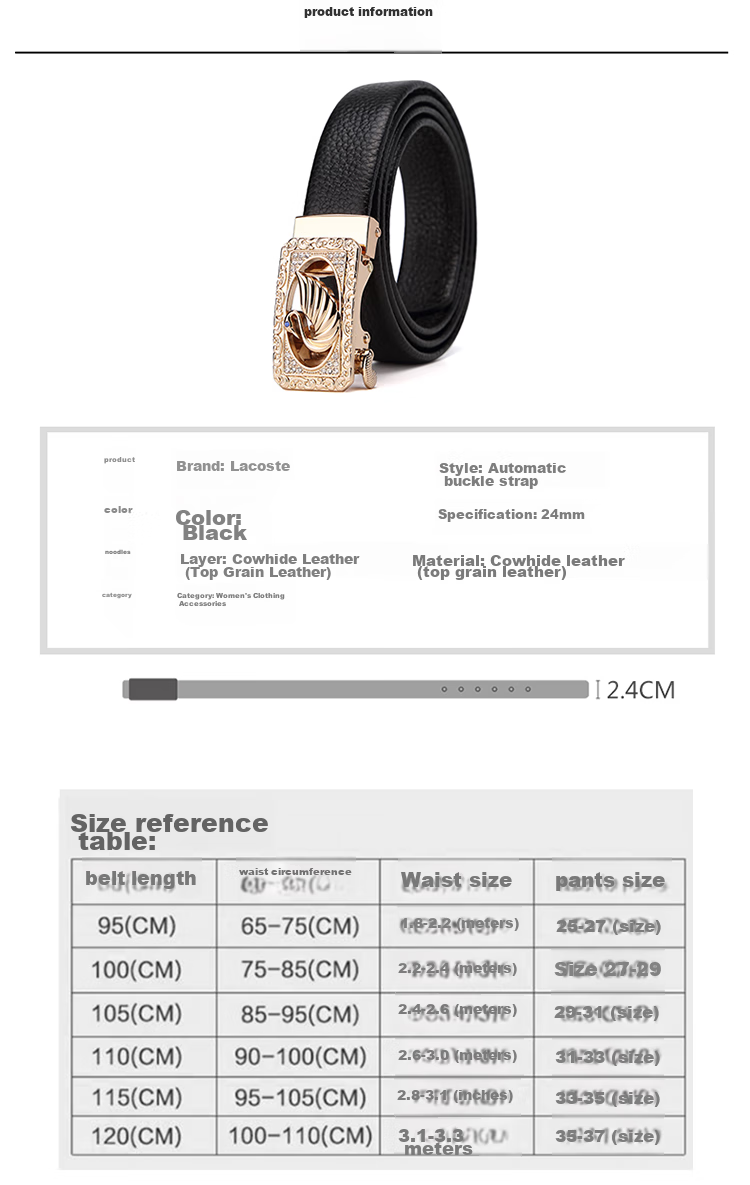 CROCODILE Swan Crystal Diamond Fashion Women's Belt, Top-Grain Leather Waistband, Women's Trouser Belt, Birthday Gift, 2666 Black 10