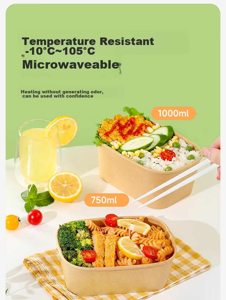 MARYYA Disposable Square Food Containers 1000ml*20 Sets, Food-Grade Picnic Takeout Fruit Kraft Paper Packaging Boxes with Lids 6