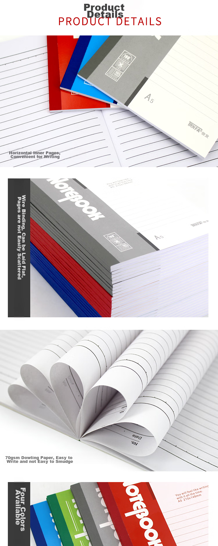 TRNFA TN-A540GY, 10 Gray Soft Cover Notebooks / 40-Page Notebook Diary, A5 Inner Pages Wirebound Journal 2