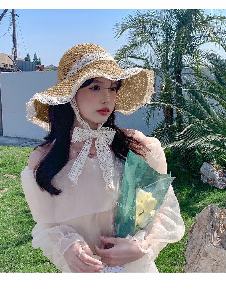 FitonTon Women's Summer Sun Hat Beach Outdoor Straw Hat Korean Style Travel Sun Hat with Tie Hollow Lace Edge Straw Braided Hat 24