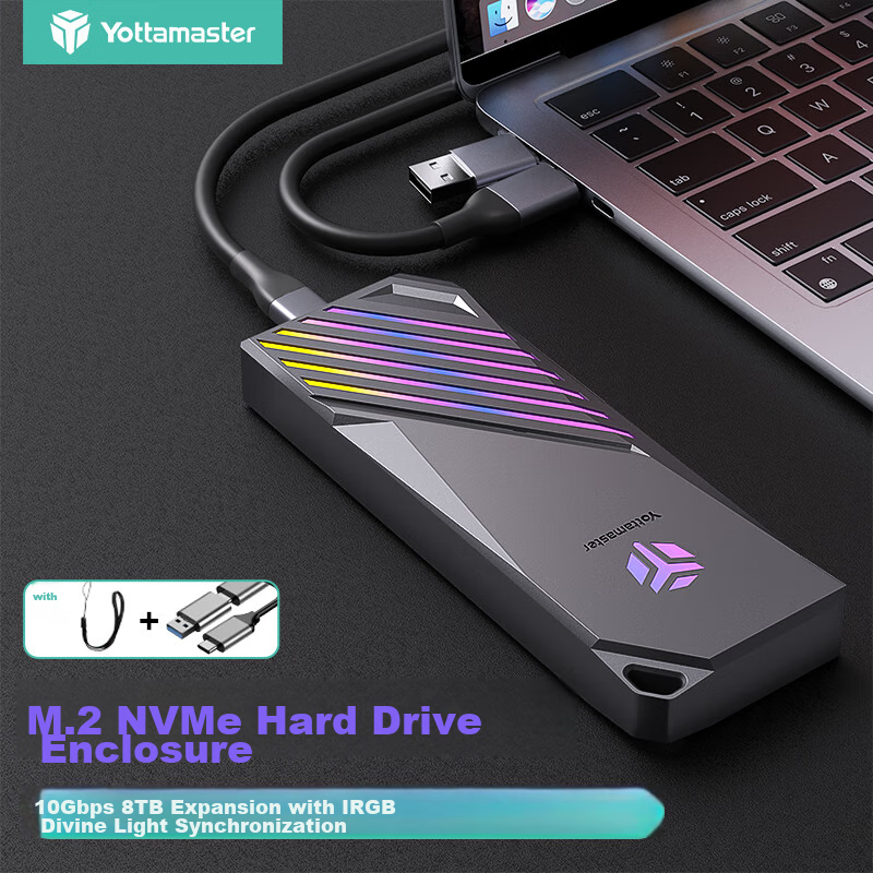 Yottamaster M.2 Hard Drive Enclosure, NVMe Portable Hard Drive Enclosure, RGB Synchronized Light, Type-C 3.2 Interface, 10Gbps External Case, Suitable for Black Myth: Wukong And Laptops