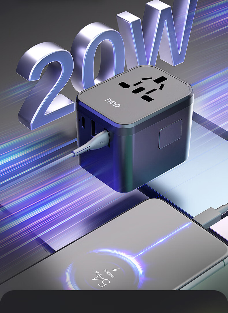 Deli 20W PD Fast Charging Global Travel Adapter/Converter Plug for Multiple Countries / Compatible with US, UK, Australia Standards / 1 to 1 Set + 2A1C Black LU5033 6