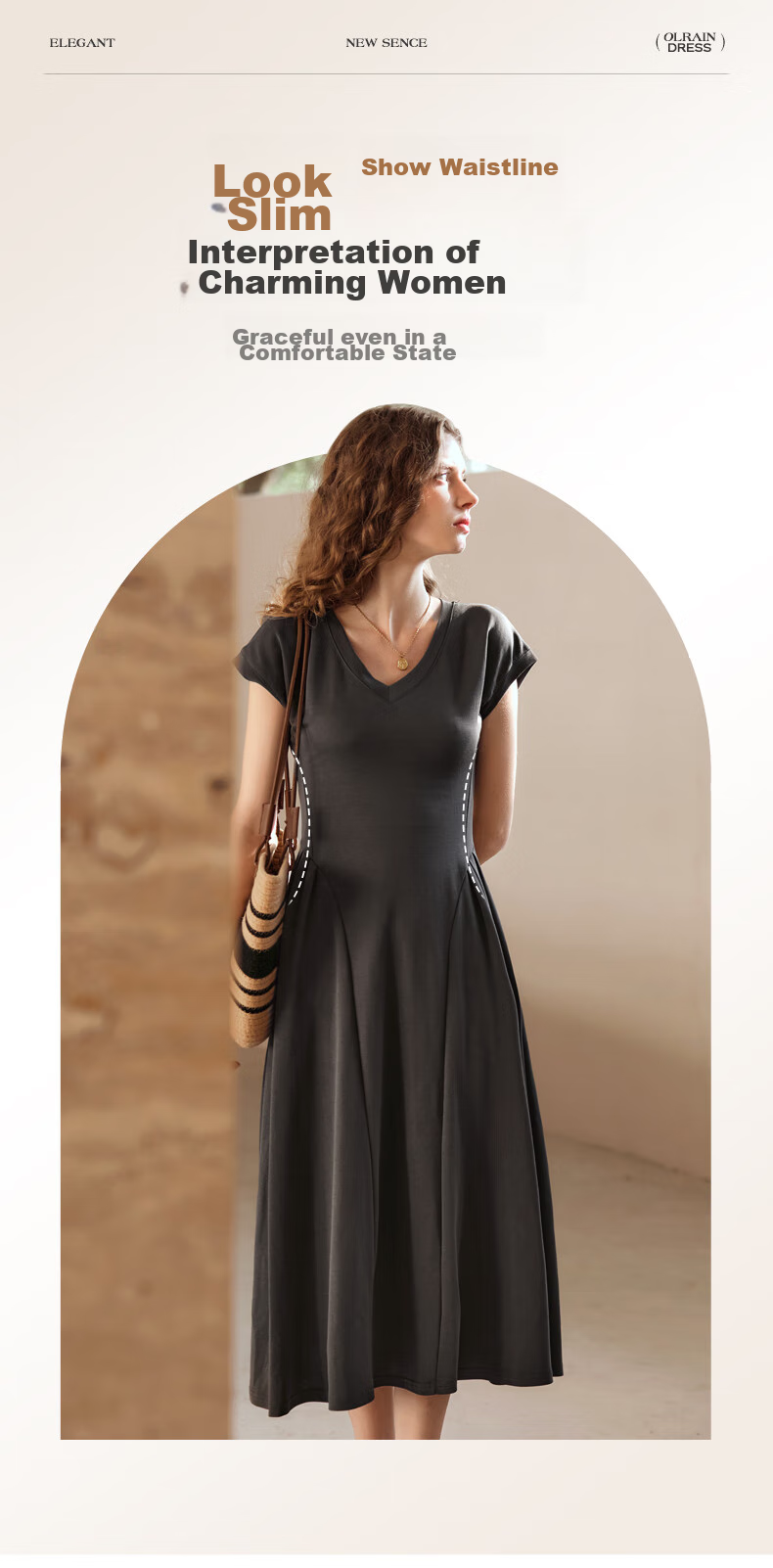 Olrain French-Style Elegant V-Neck Dark Gray Dress for Women, Summer Waist-Cinching A-Line Hem Audrey Hepburn Style, Dark Gray, Size L 2