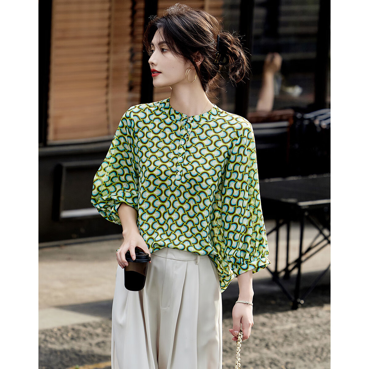 Dme Spring And Autumn Literary Style Smooth Holiday Shirt, Stand-Up Collar Lantern Sleeve Concealing Shirt, Women's Top