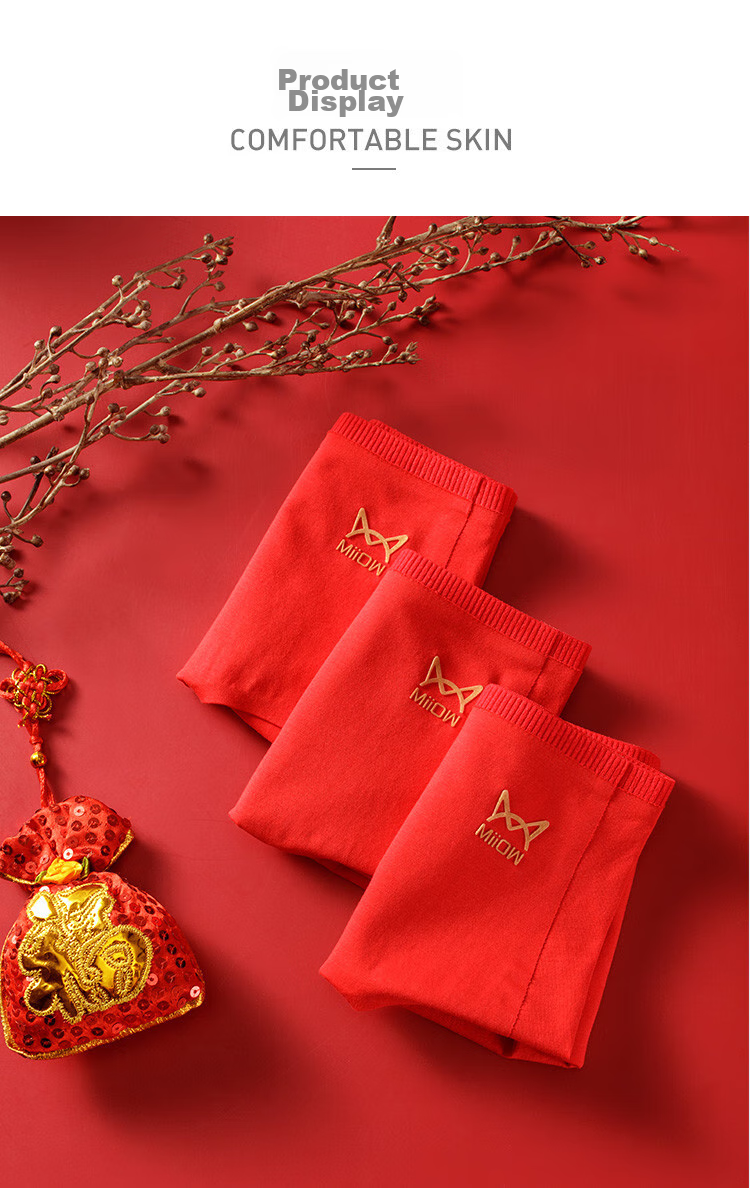 MiiOW Women's Underwear, Bright Red Triangle Panties, High-Waist, Antibacterial, Zodiac Year of Horse, Wedding, Jieji Red Underwear, 3-Pack 9