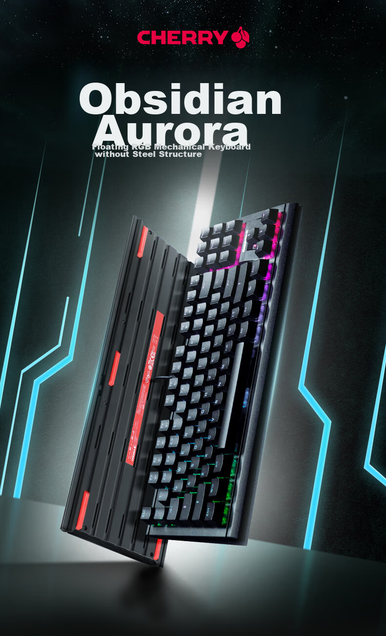 CHERRY MX1.1 Black Obsidian Aurora Mechanical Keyboard, 87 Keys, Gaming Keyboard, Wired Keyboard, Floating Design without Steel Structure, RGB Lighting Effects, Black Red Switches 2