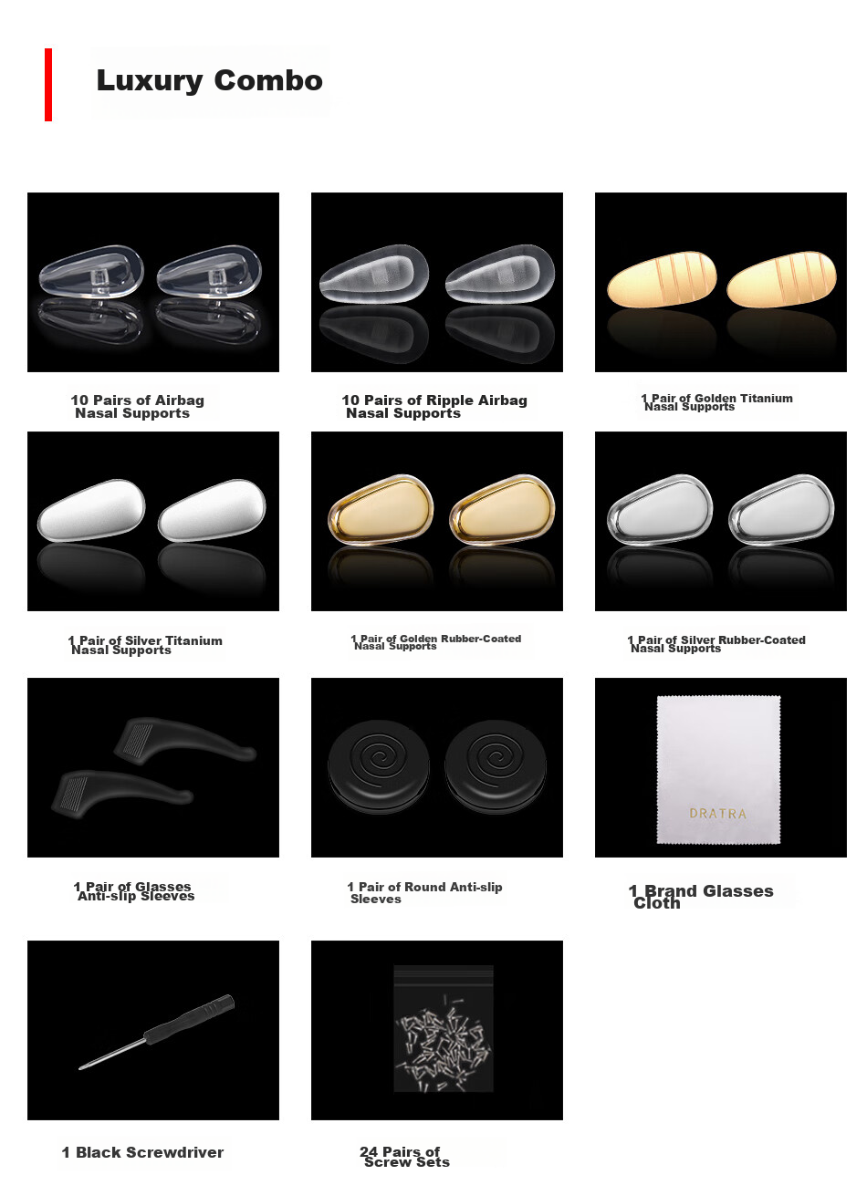 DRATRA Eyeglasses Nose Pads, Air Cushion Silicone Anti-Slip Anti-Fall Metal Titanium Nose Bridge Pads, Repair Accessories, Screwdriver Tool Set 6