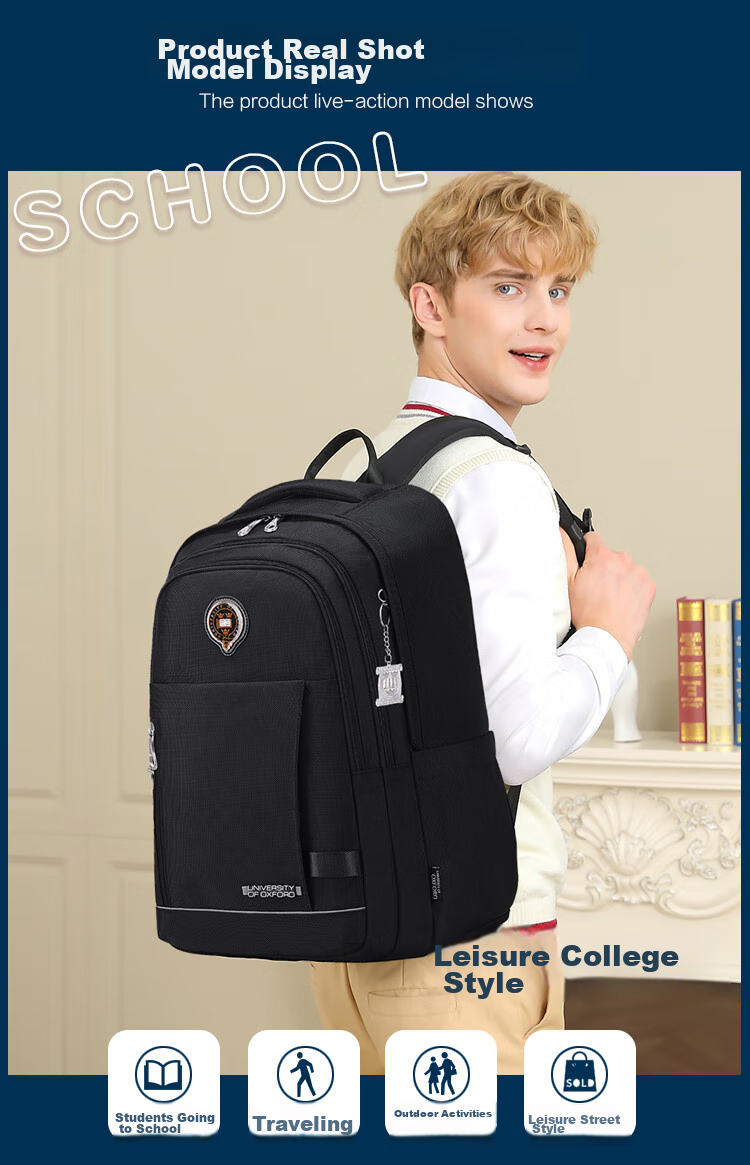 UNIVERSITY OF OXFORD Backpack for Male And Female Middle School Students, High School Students, Lightweight Travel Backpack X1074 Black 1