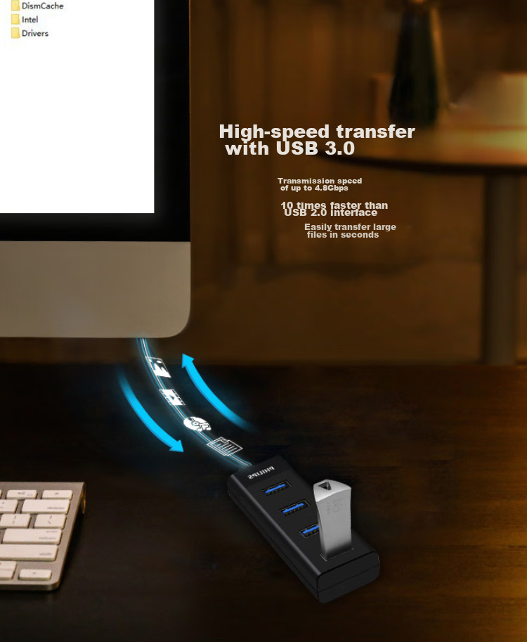 PHILIPS USB3.0 Hub Expansion Dock High-Speed 4-Port Hub Splitter Adapter for Laptops And Desktop Computers with Power Supply Port, 1.5 Meters 4