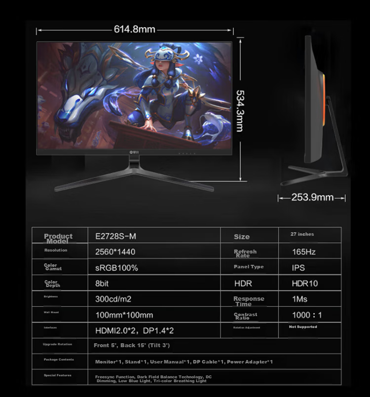 IPASON, 27-Inch, 2K, 165Hz High Refresh Rate, Gaming LCD Monitor, HDMI+DP 4