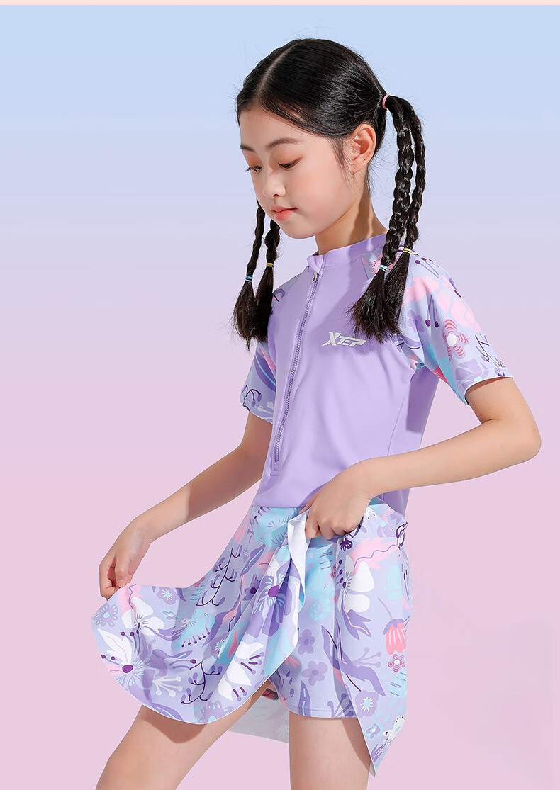 XTEP Children's Swimsuit, One-Piece Dress Skirt Swimming Suit for Girls, Suitable for Big, Medium And Small Children, Baby Hot Spring Swimwear, Pink, Size 130 9