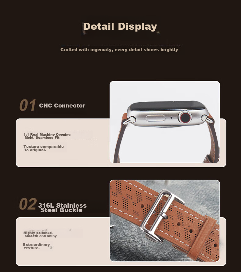 MSSM Compatible Apple Watch Band, Hermes Style IWatch S12 Genuine Leather Folding Buckle Strap, Ultra4/S11/10/Se3 Micro-Hole Light Brown, 44-49 14