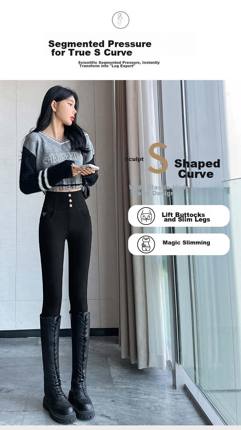 FitonTon High-Waisted Leggings for Women, Outer Wear Autumn Winter Style, Black Tight-Fitting Pencil Skinny Pants with Three Buttons, Small Black Trousers, Black, Size S 17