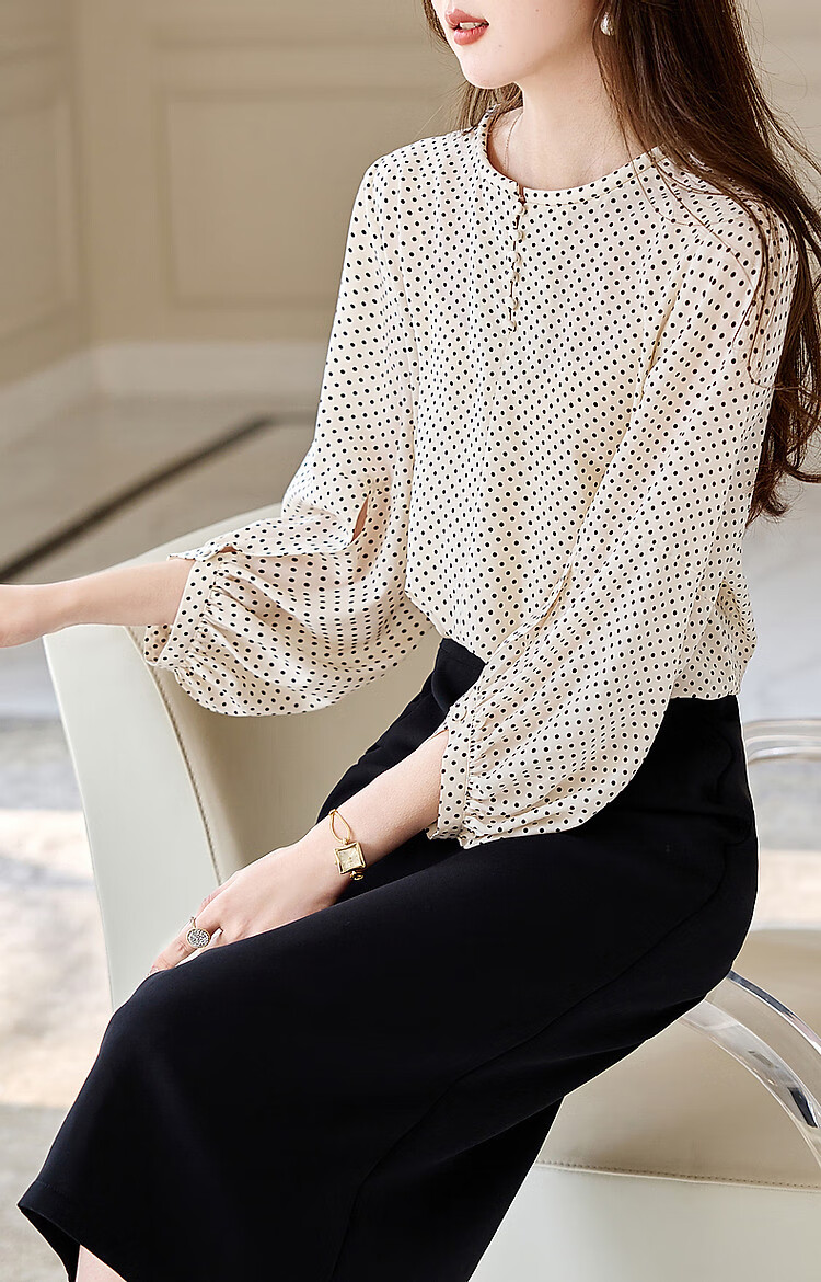 Dme [Shanmawei Yun] Spring And Autumn French Vintage Polka Dot Shirt, Comfortable Double Pleated Concealing Lantern Sleeve Blouse, Women's Clothing 14
