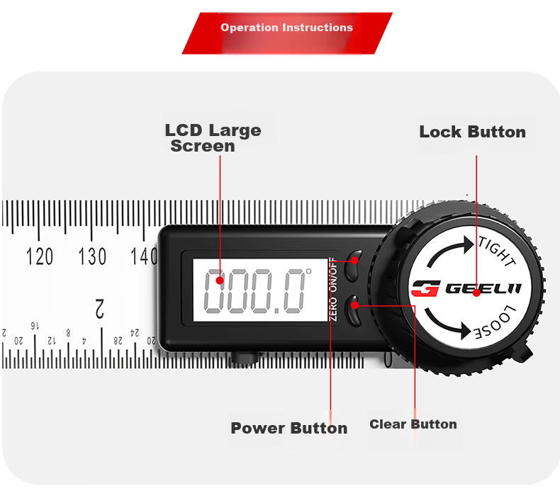 GeeLii Digital Angle Ruler, Stainless Steel Electronic Angle Gauge, Protractor, Angle Measuring Instrument 0-200mm 55155 14