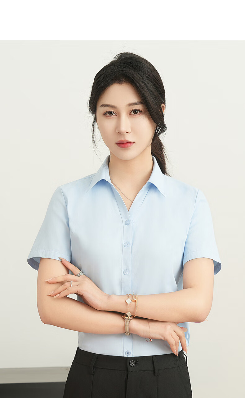 ROMON Cotton Short Sleeve Shirt Women V-Neck Business Casual Slim Fit Workwear Commuting White Shirt 9