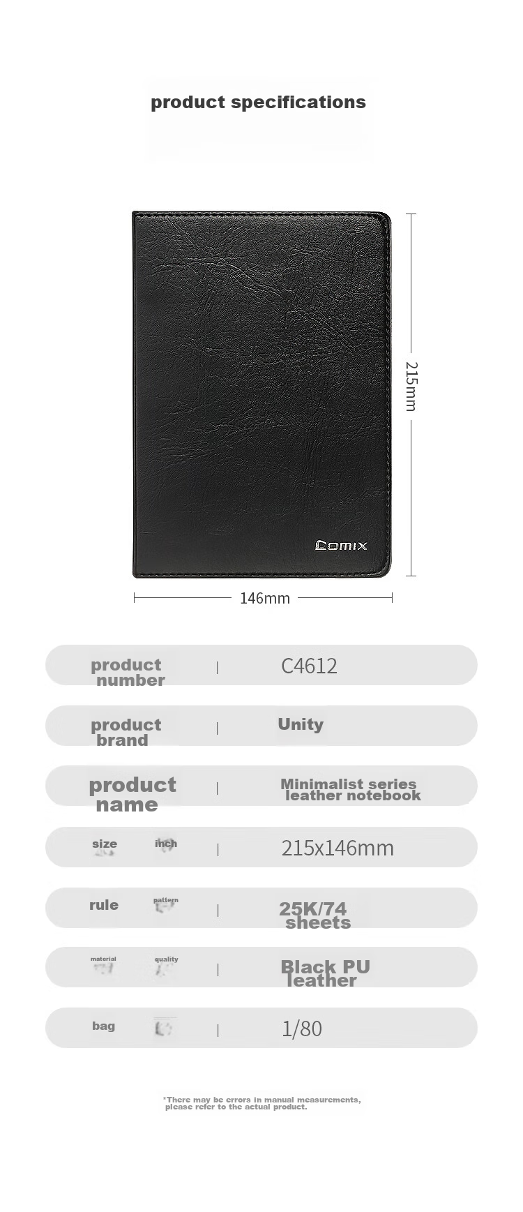 COMIX [Office Essential] Business Soft Leather Notebook A5/25K/74 Sheets Journal/Diary/Meeting Record Book Stationery Black C4612 9