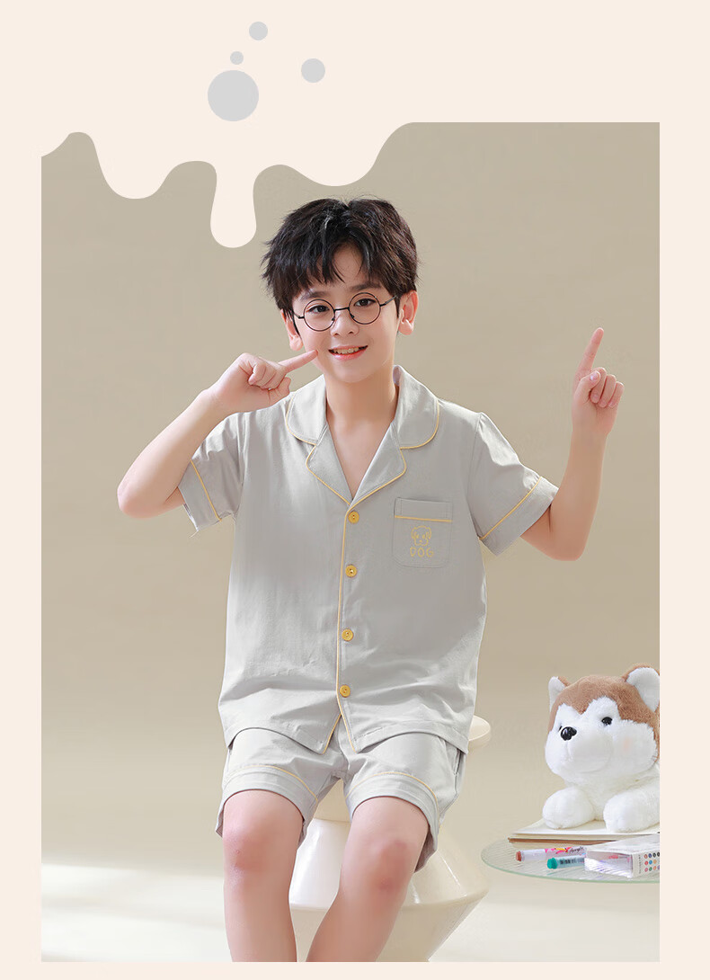 Hengyuanxiang Children's Pajamas, Boys' Pure Cotton Summer Thin Short-Sleeve Loungewear, Cardigan Sleepwear And Pajama Pants Set 12