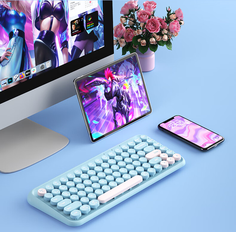 B.O.W Hangshi K500D Dual-Mode Bluetooth Wireless Keyboard Ultra-Thin Portable Office Tri-Mode 84-Key Keyboard for Phone iPad Tablet Laptop Starry Purple Color Block 20