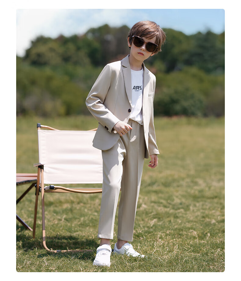 Luomeng Boys' British Style Formal Suit Spring And Autumn Casual Blazer, Beige, Size 110 14