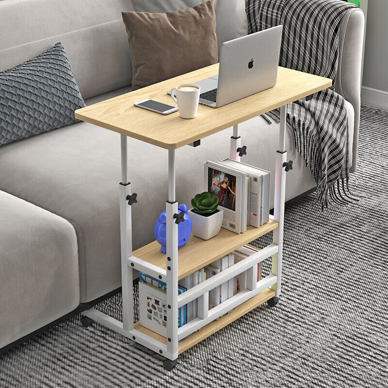 Anerya Bedside Computer Desk with Wheels, Movable Lazy Adjustable Height Study Table, Small Desk for Bed, Double-Layer Original Color 60*40