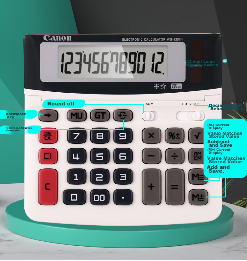 Canon WS-220H Calculator, 12-Digit Display, White, Dual Power Supply, High Precision, for Student Exams And Office Use, Adjustable Screen, Business Portable 4