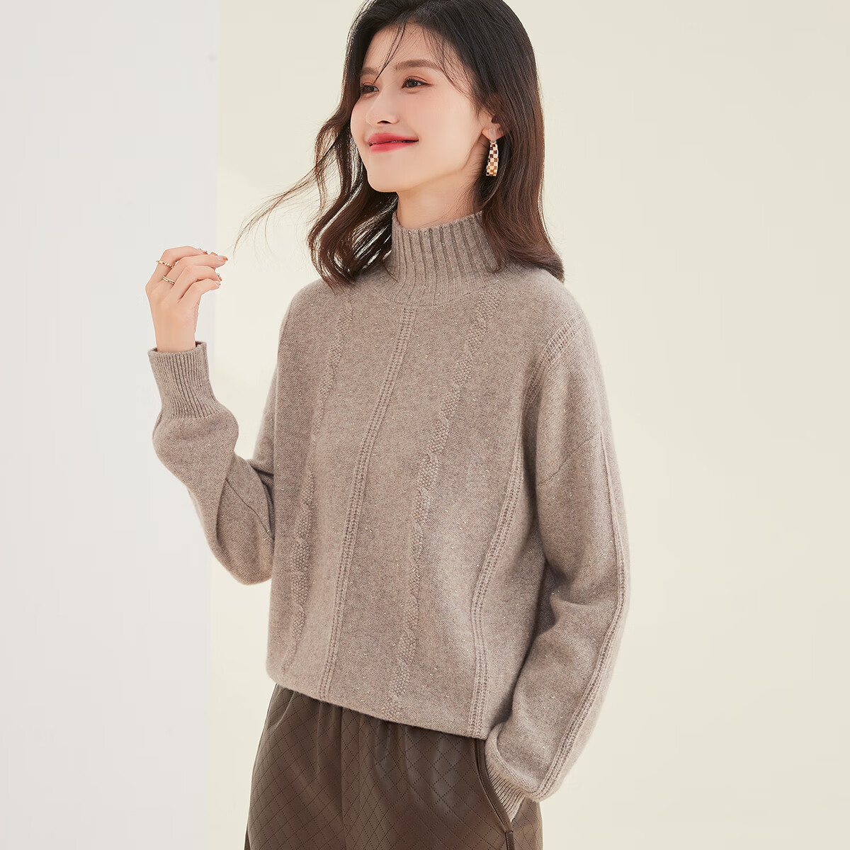 Jinju Thickened 100% Wool Autumn And Winter New High-Neck Drop-Shoulder Cable Knit Sweater Pure Wool Pullover for Women, Camel Color One Size Fits All