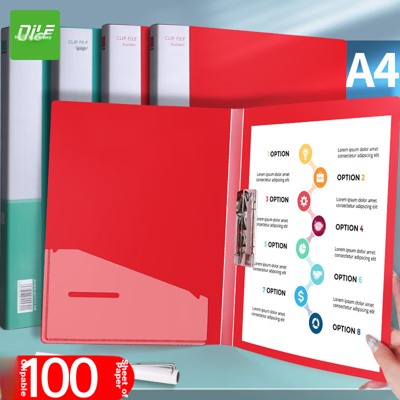DiLe Premium Series A4 Single Strong Clip File Folder with Insert Pocket, Business Document Organizer, Exam Paper Holder, Office Supplies, 1103 Red