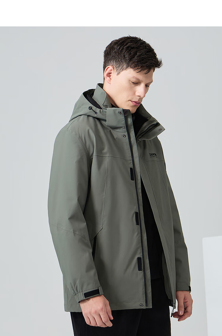DANCING WOLVES [3-In] Detachable Inner Lining Outdoor Hiking Fleece Inner Lining Men's Windbreaker, 210 Olive Green, Size 170 14