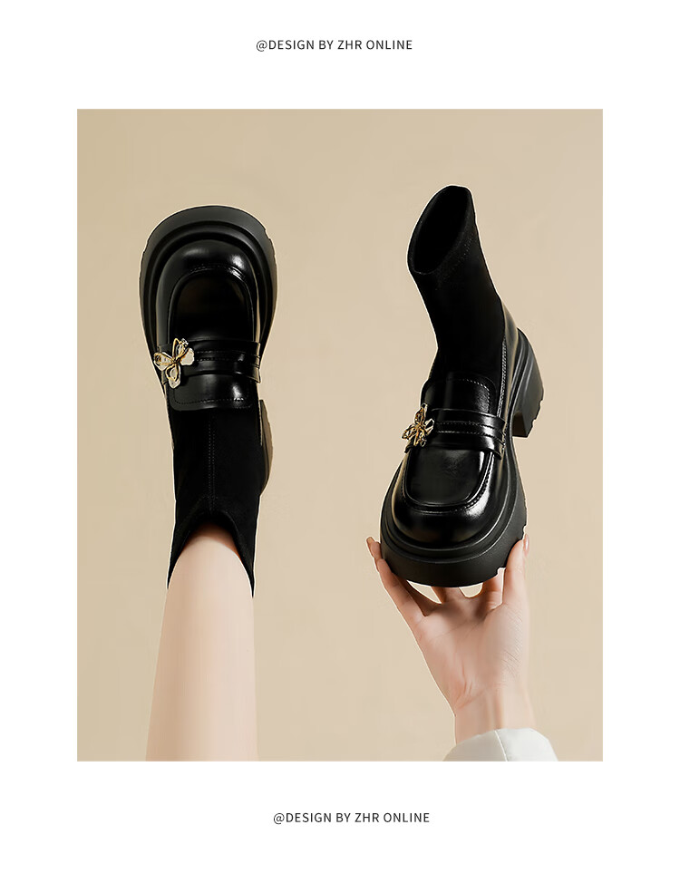 ZHR Elastic Socks And Boots for Women, Academic Style, Fleece-Lined Chunky Heel Loafers, Height-Increasing Short Boots for Women, AH579A, Black, Size 35 11