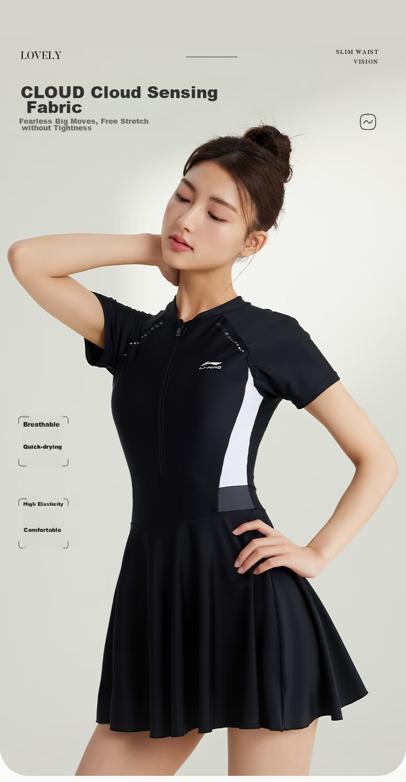 Li-Ning One-Piece Swimsuit for Women, Dress-Style Swimwear, Tummy Control, Slimming, Chlorine-Resistant, Quick-Drying, Water Play, Vacation Swimwear, 546 Black, Size M 4