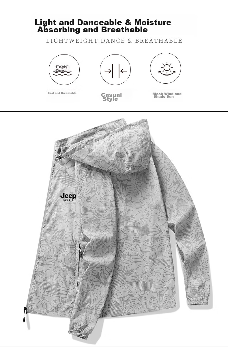 JEEP SPIRIT Men's Sun Protection Jacket, Summer UV-Resistant Hooded Coat, Casual Breathable Skin-Friendly Outerwear, Light Gray, XL 7