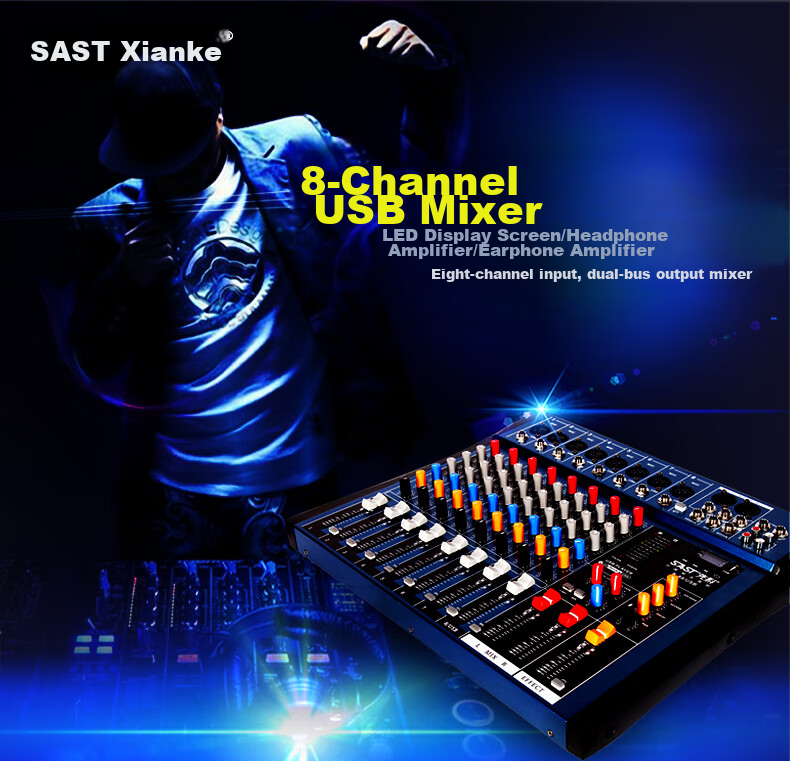 SAST K88 Professional 8-Channel Mixer for Stage Performances And Conference Rooms with Bluetooth, Reverb Effects, MP3 Multi-Functional Audio Control Console 1