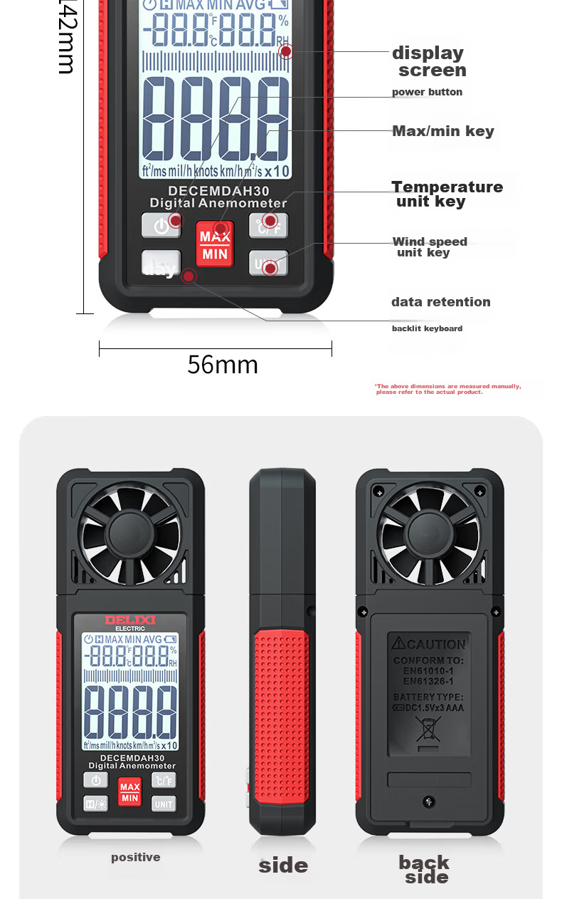 DELIXI ELECTRIC Anemometer, High-Precision Portable Wind Speed/temperature/volume Meter, Digital Anemometer DECEMDAH30 14
