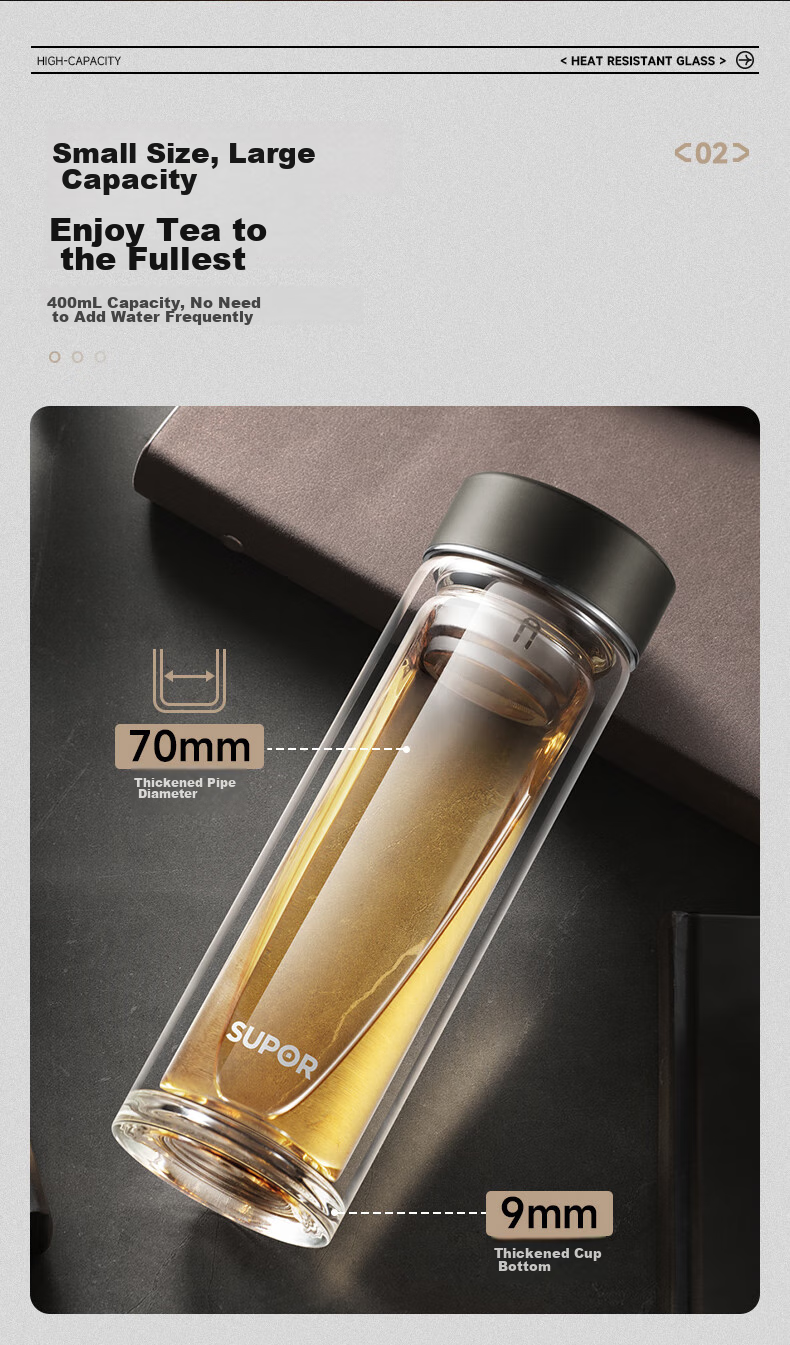 SUPOR Pure Titanium Tea Infuser Double-Layer Glass Cup Tea Water Separation Titanium Tea Cup Gift for Men and Women Birthday Gift Box 6