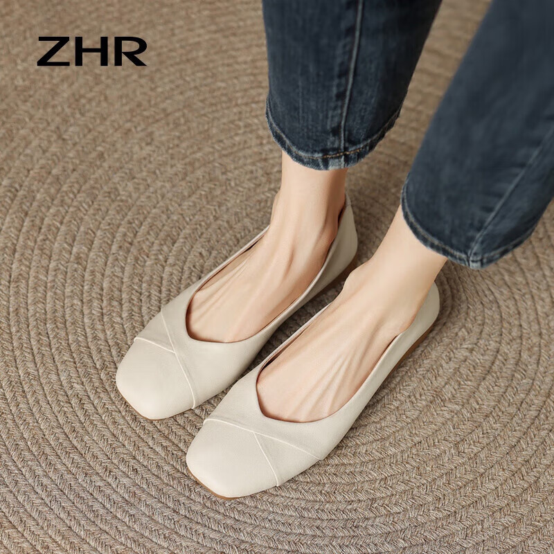ZHR Women's Genuine Leather Vintage Casual Flats Soft Sole Low-Cut Shoes AH582 Beige Size 39