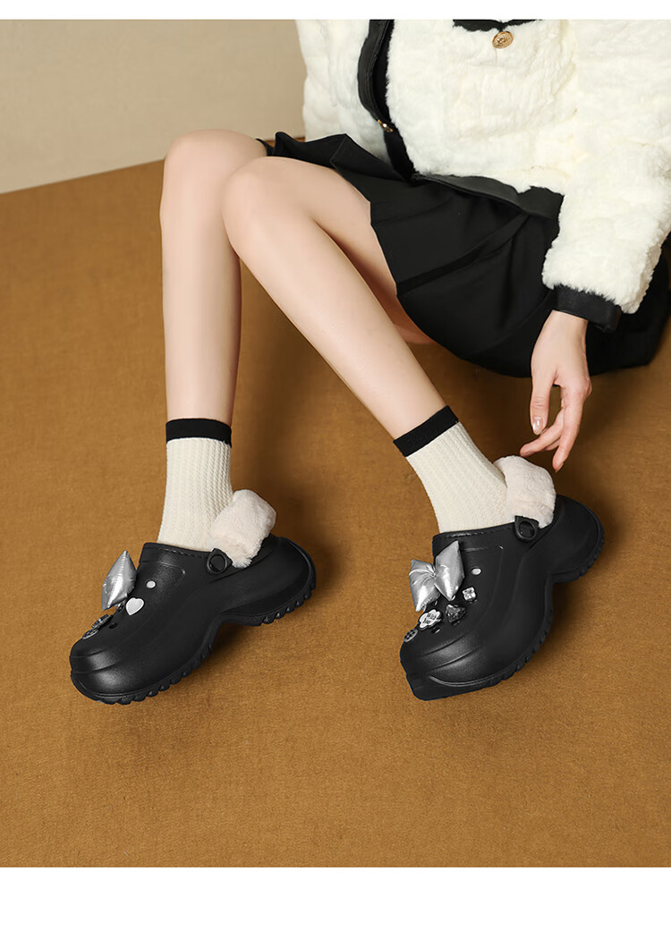 Josiny Fleece-Lined Perforated Shoes for Women, Thick-Soled Winter Warm Outdoor Cute Fluffy Cotton Slippers, Black, Size 40 6