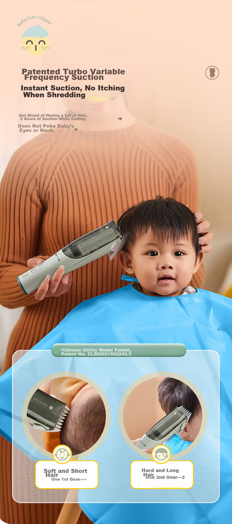 Bear Professional Baby Hair Clipper, Children's Electric Trimmer with Low Noise, Long Battery Life, Automatic Hair Suction, Fully Washable P05G1 6
