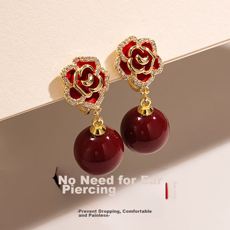 Dairo Red Pearl Clip-On Earrings for Women No Piercing Small Chanel Style Autumn Winter Stud Drop Earrings Festive Mosquito Coil Ear Accessories
