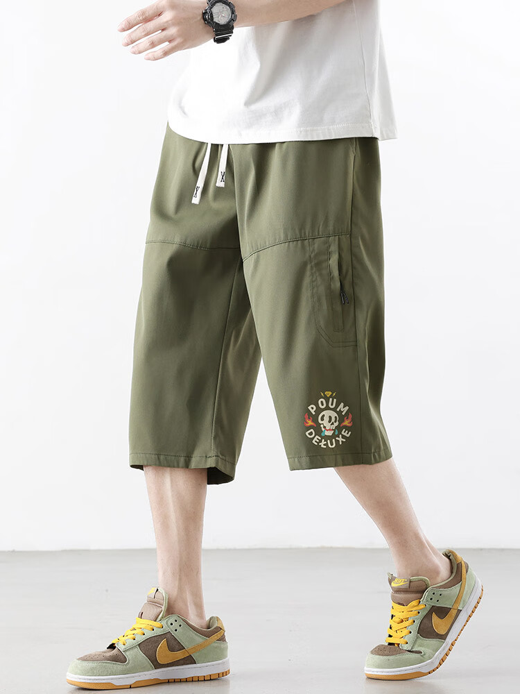 POUM Casual Cargo Capri Pants for Men, Summer Loose-Fit Trendy Quick-Dry Ice Silk Sports Shorts TQ05 Black L 4