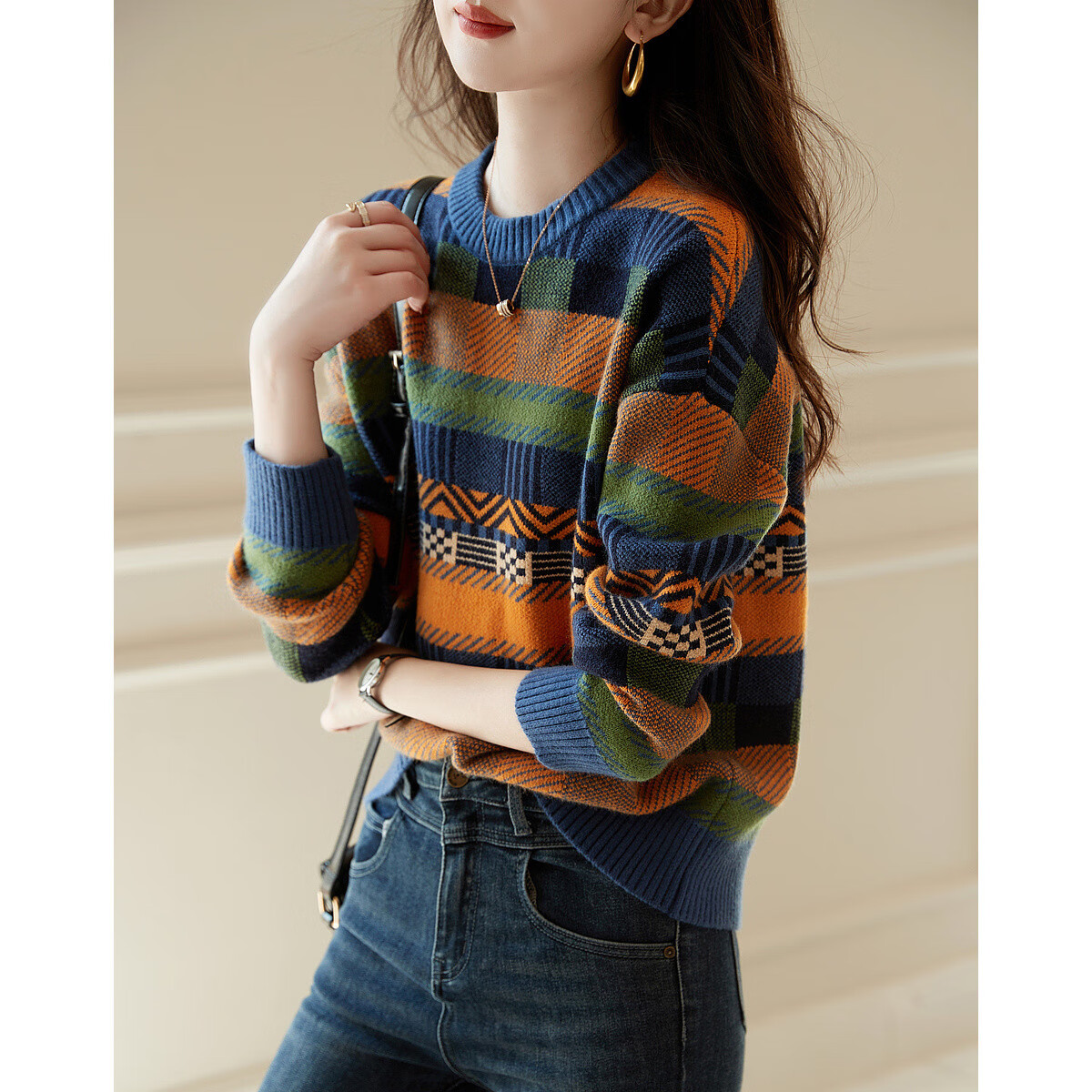 Dme [Color Block Knit Sweater] Spring And Autumn Commuter Round Neck Loose Drop Shoulder Long Sleeve Slightly Stretchy Women's Sweater, Orange, Size S